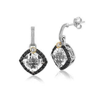 18k Yellow Gold and Sterling Silver Cushion Crystal Quartz and Diamond Earrings