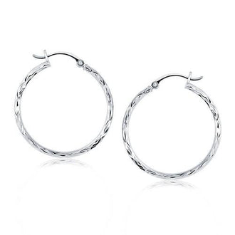 14k White Gold Diamond Cut Hoop Earrings