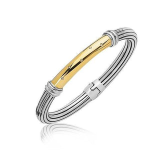 18k Yellow Gold and Sterling Silver Bangle with a Diamond Embellished Station, size 7.5''
