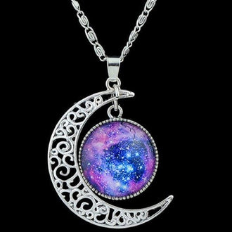 Artificial Gem Moon Round Pendant Necklace - Purple