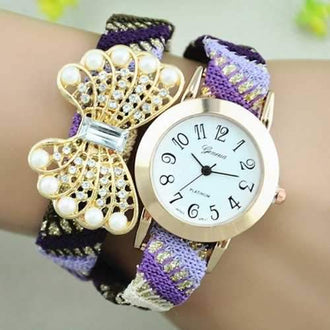 Geneva Diamond Pearl Butterfly Quartz Watch for Women - Purple