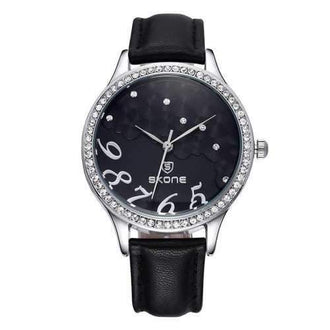 SKONE 6591 Women Diamond Quartz Watch PU Leather Strap - Black