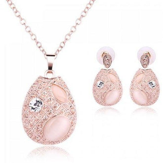 Faux Opal Rhinestone Water Drop Pendant Necklace and Earrings - Rose Gold