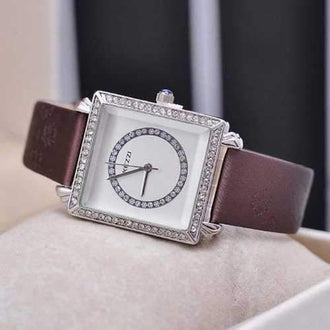 KEZZI Rectangle Diamond Dial Snowflake Imported Quartz Movt Female Watch - Coffee