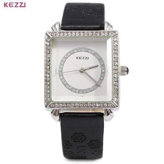 KEZZI 767 Women Quartz Watch Artificial Diamond Leather Band Rectangle Dial - Black