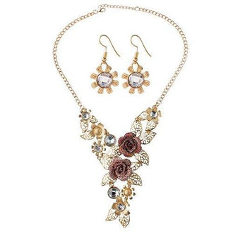 A Suit of Hollow Out Rose Leaf Faux Gem Necklace and Earrings - Golden