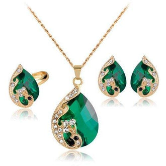 A Suit of Retro Rhinestone Faux Crystal Peacock Necklace Ring and Earrings - Green