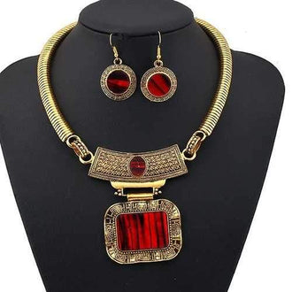 Geometry Faux Gem Floral Pattern Jewelry Set - Gold And Red