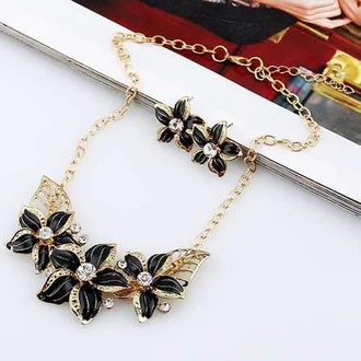 Rhinestone Flower Necklace and Earrings - Black