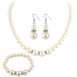 Faux Pearl Beaded Necklace Bracelet and Earrings - White