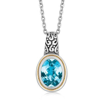 18k Yellow Gold and Sterling Silver Necklace with Blue Topaz Milgrained Pendant, size 18''