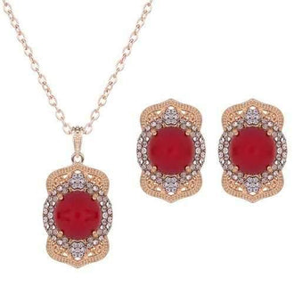 Rhinestoned Bead Necklace and Earrings - Red