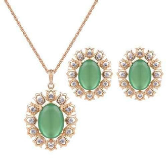 Rhinestone Floral Oval Necklace and Earrings - Green