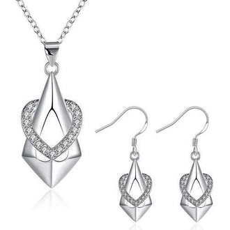 Rhinestone Geometric Heart Necklace and Earrings - Silver