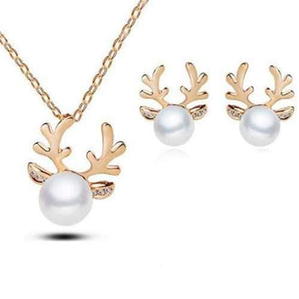 Artificial Pearl Elk Necklace and Earrings - Golden