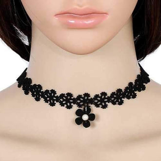 Flower Faux Leather Velvet Choker Necklace - Black