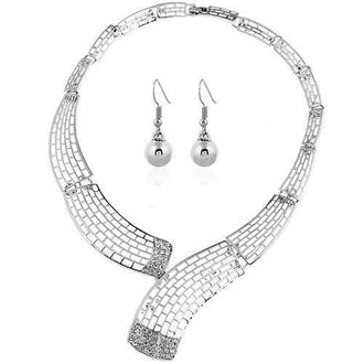 Alloy Rhinestone Necklace and Bead Earrings - Silver