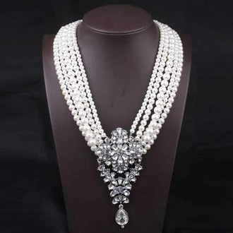 Fake Pearl Flower Crystal Beaded Layered Necklace - Pearl White