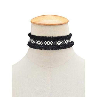 Fringed Woven Choker Necklace - Black