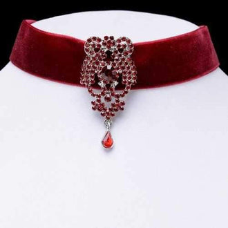 Fake Crystal Water Drop Velvet Necklace - Red