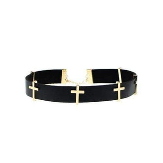 Cross PU Leather Choker Necklace - Black