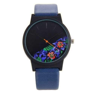 Faux Leather Strap Floral Face Watch - Blue