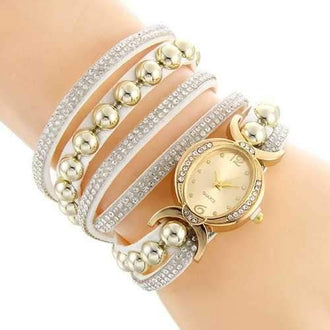 Rhinestone Faux Leather Bead Bracelet Watch - White