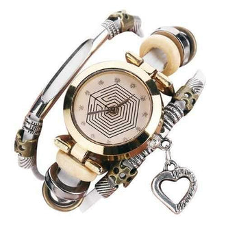 Rhinestone Heart Layered Charm Bracelet Watch - White