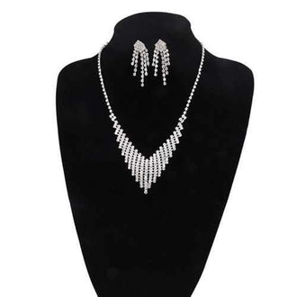 Rhinestone Fringed Necklace and Earring Set - Silver