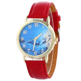 Christmas Deer Sleigh Face Faux Leather Watch - Red