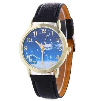 Christmas Night Deer Face Faux Leather Watch - Black