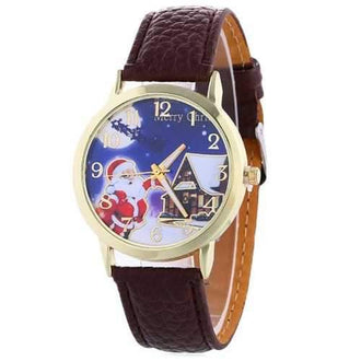 Christmas Santa House Face Faux Leather Watch - Brown