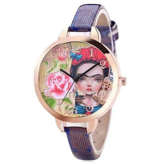 Flower Girl Face Faux Leather Watch - Blue