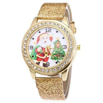 Christmas Santa Tree Face Glitter Strap Watch - Golden