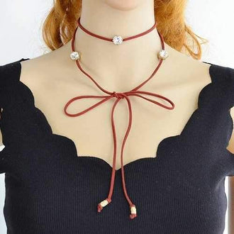 Faux Crystal Pendant Layered Choker - Red