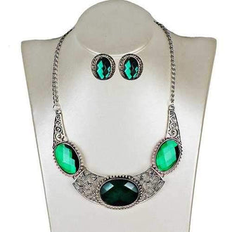 Faux Gem Oval Necklace with Earring Set - Green