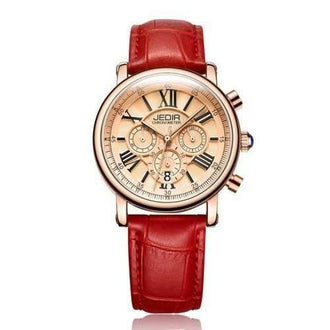 JEDIR 6006 4805 Leisure Small Dial Calendar Leather Band Quartz Movement Women Watch with Box - Red And Rose Gold