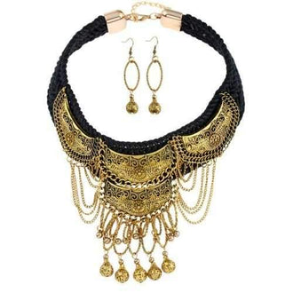 Vintage Braid Fringed Ball Necklace and Earrings - Black And Golden