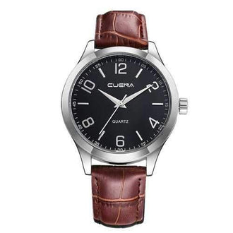 CUENA 6615P Fashion Casual Simple Retro Leather Strap Men Quartz Wristwatch - Brown Band Black Dial Silver Case