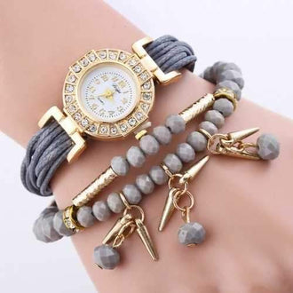 Rhinestoned Beaded Number Charm Bracelet Watch - Gray