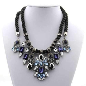 Women Luxury Crystal Pendant Necklace Rope Choker Collares - Black
