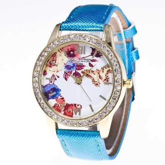 ZhouLianFa Fashionable Leather Strap Diamond Luxury Crystal Diamond Ladies Business Quartz Watch - Blue