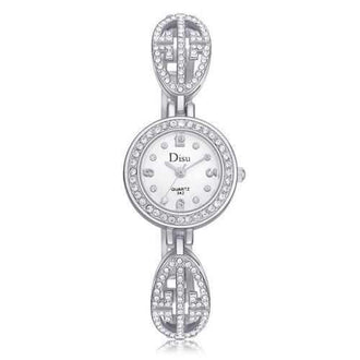 Metallic Strap Number Quartz Rhinestoned Watch - Silver