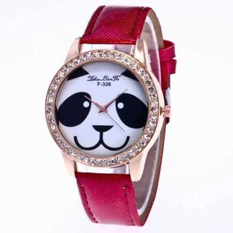 ZhouLianFaNew Fashion Crystal Grain Leather Strap Ladies Cartoon Puppy Quartz Watch with Gift Box - Claret