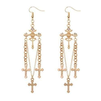 Rhinestone Embellished Cross Hook Earrings - Golden