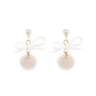 Fuzzy Ball Embellished Bowknot Drop Earrings - Beige