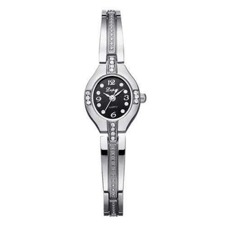 Lvpai Women Oval Face Analog Quartz Bracelet Wrist Watch with Diamonds - Silver Band Black Dial