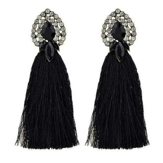 Faux Crystal Teardrop Hollow Out Tassel Earrings - Black