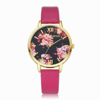 Lvpai P086-G Women Fashion Leather Band Flowers Dial Quartz Watches - Rose Red