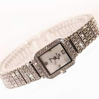 Fashion Famous Brand Women Full Diamond Silver Bracelet  Lady Luxury Dress Jewelry Watch Rhinestone Bling Crystal - Silver